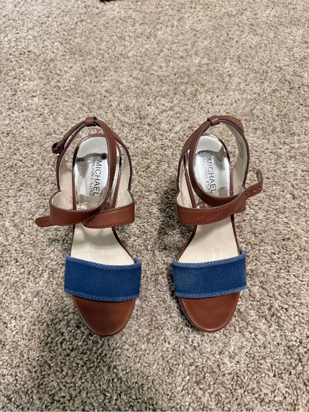 Michael Kors Brown Leather Sandal with Navy Front Band